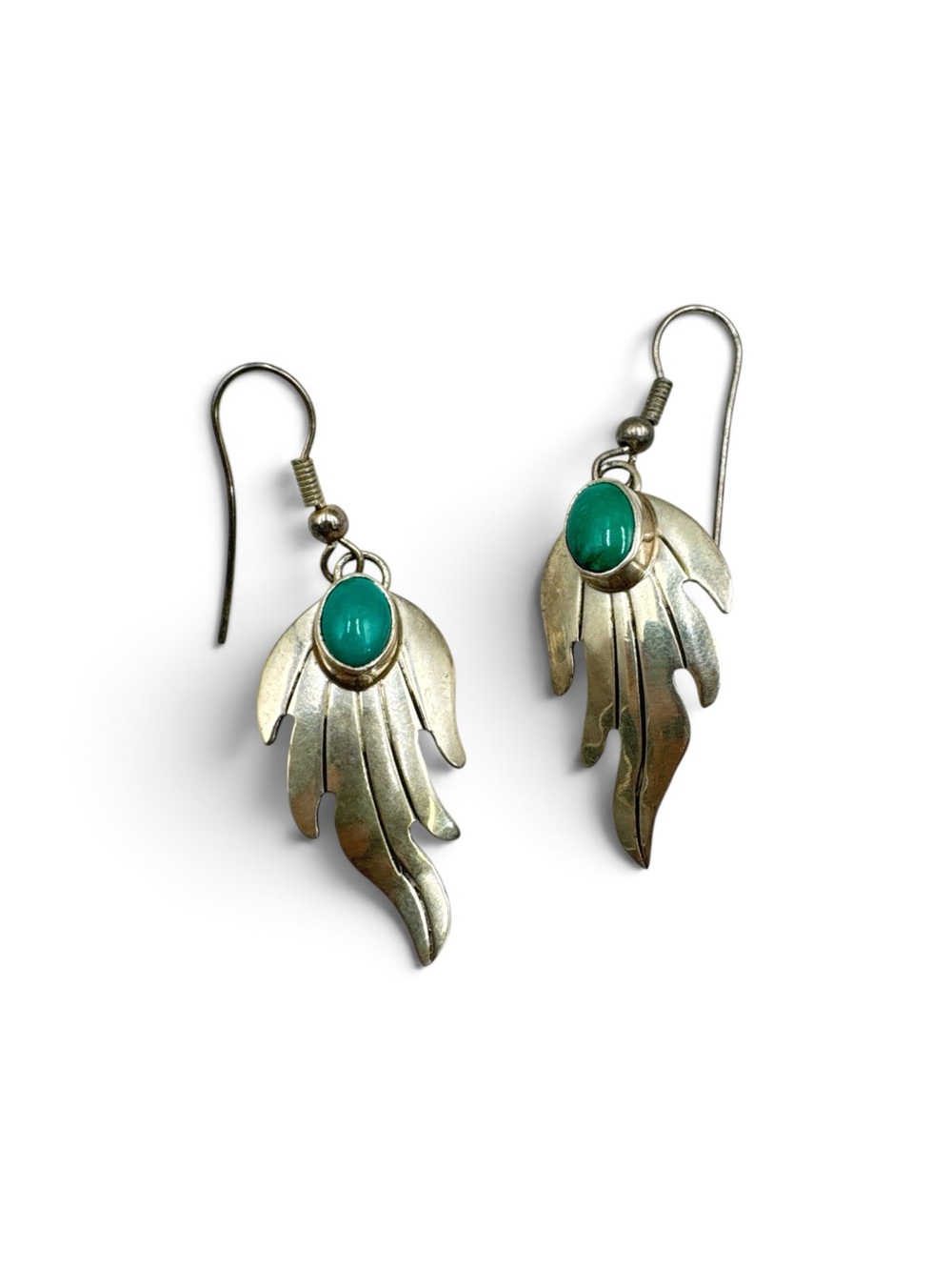 Vintage Navajo Sterling Silver Turquoise Feather Dangle Earrings Signed LS 1.5”